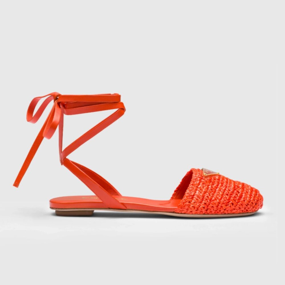 NWT Prada Flat Sandals Orange Crochet Raffia Ankle Lace Strap Sz 35
